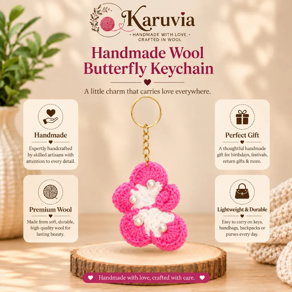 Karuvia Butterfly Keychain, pink and white.webp