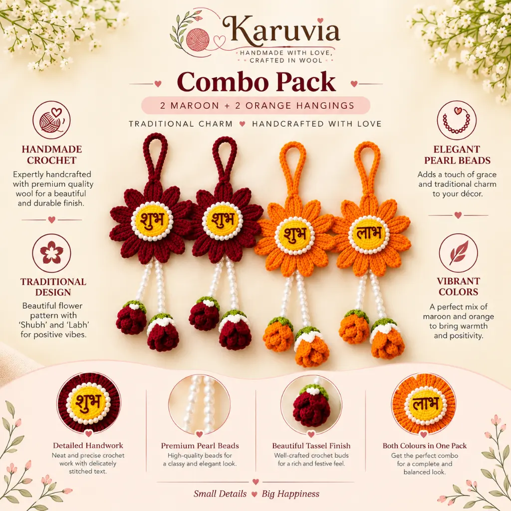 Shubh Labh Crochet Hanging – Maroon & Orange Combo Features.webp