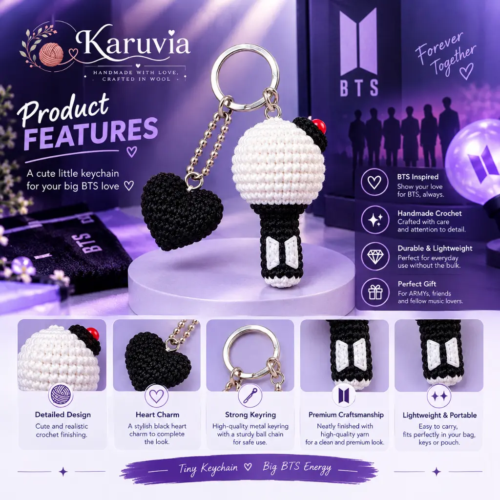 BTS-Inspired Crochet Lightstick & Heart Keychain Features.webp