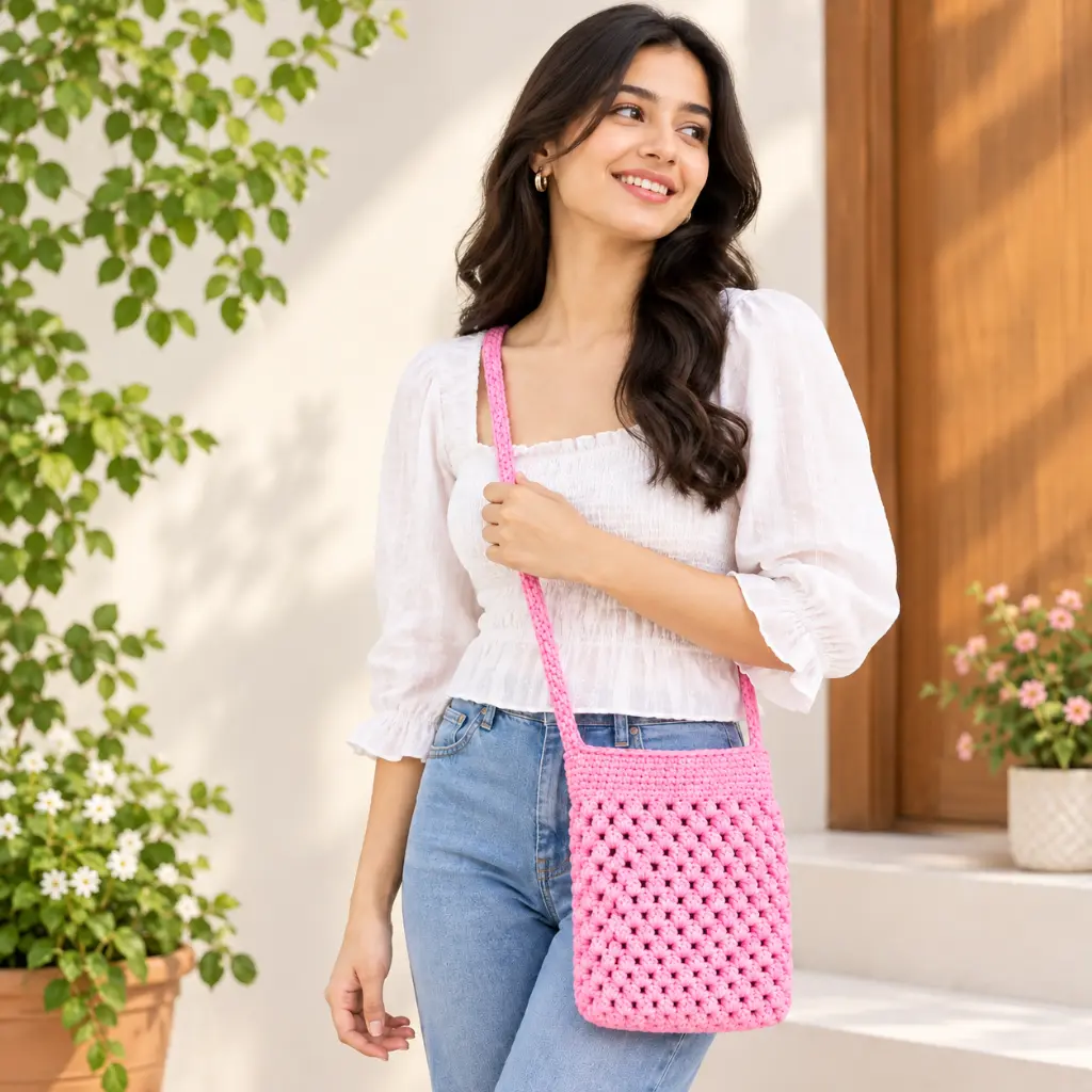 Karuvia Blush Bloom Crochet Sling Bag- Lady.webp