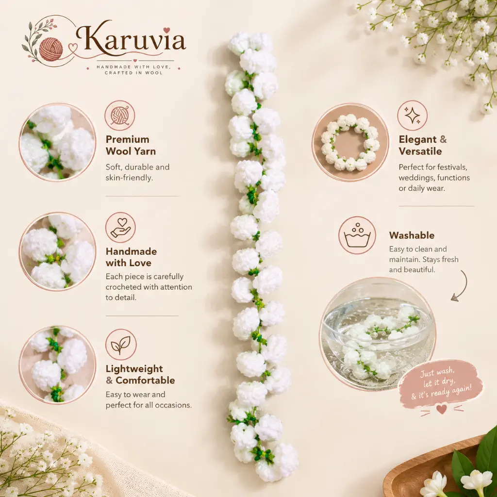 Karuvia Handmade Crochet Gajra – White Floral Feature.webp