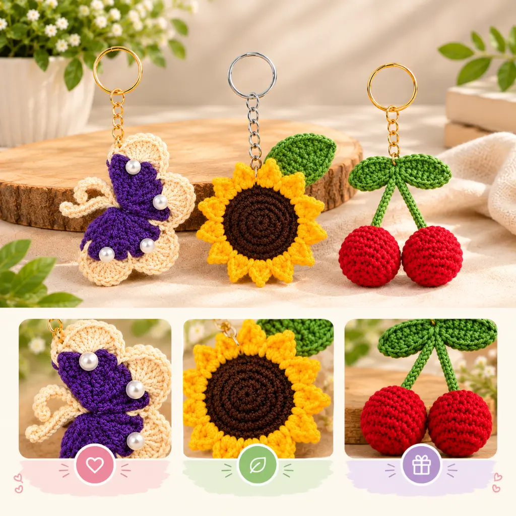 Crochet Keychains_ Butterfly, Sunflower, and Cherries.webp