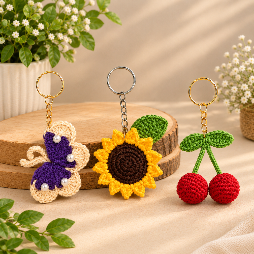 Floral Crochet Keychain Combo – Set of 3 Handmade Charms